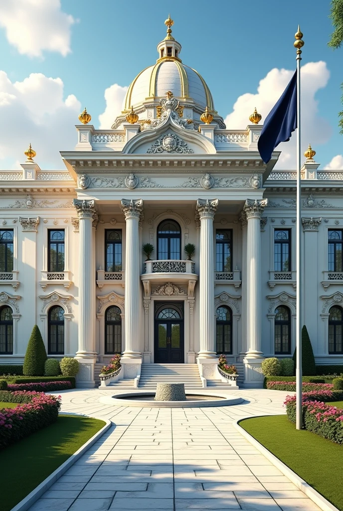 The façade of the building is made from polished white marble, gleaming under the sunlight, with intricate carvings and ornate detailing. The front of the palace features a grand central entrance, framed by towering Corinthian columns that rise several stories high. Above the entrance, an elaborate pediment showcases intricate relief sculptures depicting scenes of prosperity and leadership.
The roof is adorned with several domes and cupolas, topped with gilded spires that catch the light and add to the building's regal appearance. The windows are large and arched, with delicate stained glass inlays that depict various symbols of heritage and power. Wrought-iron balconies extend from many of the windows, each adorned with intricate scrollwork and hanging baskets overflowing with vibrant flowers.
Flag Description:
To the right of the grand entrance, positioned on a small rise near a circular driveway, stands a stately flagpole. The flag of Nexus Global Capital and Equity Holdings flies from the top, maintaining its elegant design: a deep navy blue background with a golden emblem at the center. The emblem—a globe encircled by olive branches, with the letters "NGCEH" inscribed at the bottom—stands out vividly against the backdrop of the palace. The flag is of normal size, fluttering gracefully in the breeze, perfectly proportioned to complement the scale of the building.
Compound Description:
The compound surrounding the palace is as grand as the building itself, carefully designed to enhance the overall sense of luxury and exclusivity. The entrance to the compound is marked by large wrought-iron gates, intricately designed with the Nexus Global Capital and Equity Holdings emblem in the center. The gates open to a long, sweeping driveway paved with cobblestones, leading directly to the main entrance of the palace.
The driveway is flanked by lush, manicured lawns that stretch out on either side, dotted with marble statues of historical figures and fountains that sp