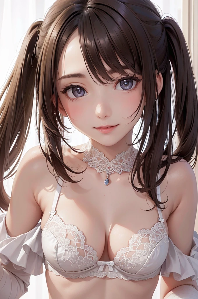 Best Quality,High resolution,8k,(plain white background, no patterns, no textures, just a plain white background:1.3),Masterpiece:1.2),beautiful girl,Big Breasts,(Shiny brown hair:1.3),messy hair,Beautiful brown eyes,A set of lingerie featuring intricate lace detailing. The black bra has delicate lace trim along the edges with a floral or geometric pattern, and adjustable straps with small, refined accents. The panties are designed with matching lace, featuring a soft, breathable fabric with a touch of elegance. The color scheme is sophisticated, such as soft pastels or classic black with subtle touches of gold or silver,Gentle look,A refreshing look,smile,Best quality,Best Quality,Aesthetic and aesthetic:1.2,Best details((Super detailed))(High-definition CG illustrations),Slender body,smile,blush,cute,Scrounge,Looking up,Being spoiled,wariza,full body