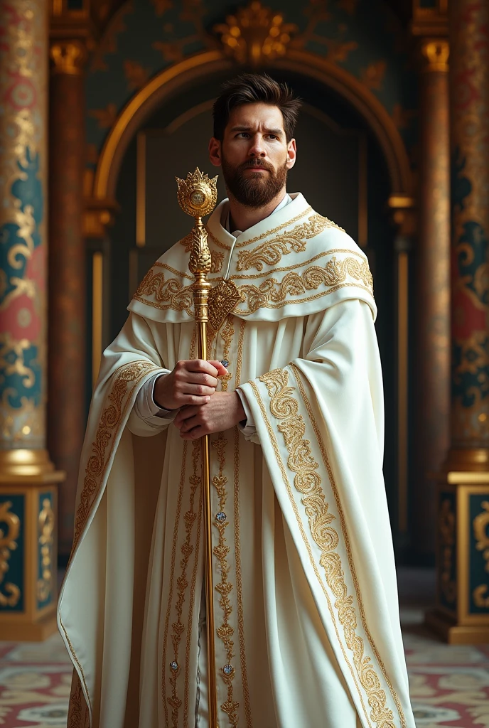 Messi as a king wearing white dress