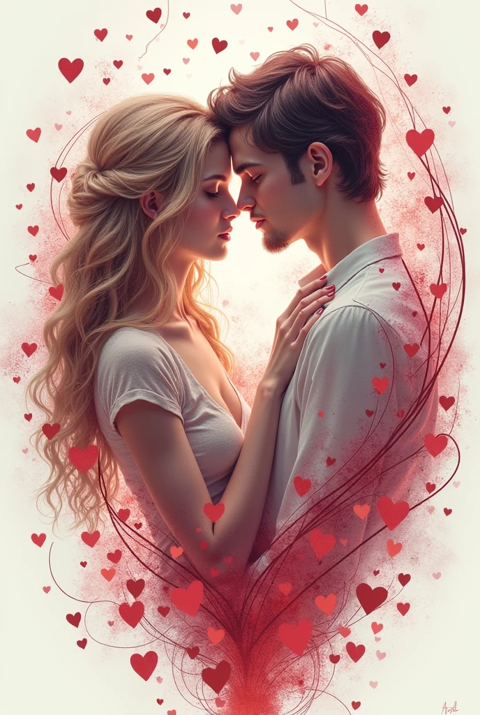Ink illustration fantasy romanticism style, up-close couple amid hearts, influenced by Brian M Viveros and Esao Andrews, gradient of white, pale pink, burgundy, black with grunge elements, arabesque and swirls in the background, delicate intricate designs, double exposure spiral helix composition at center, layered with ripple and shattered textures, conveying an illusive and ephemeral visual narrative, digital painting, mesmerizing, highly detailed