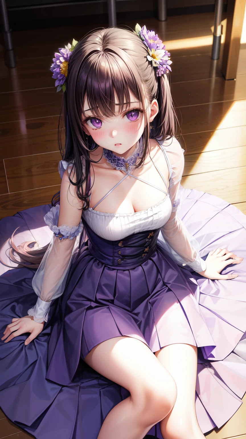 realisitic, 1 girl, purples eyes, glare eyes, top cut, overskirt, parted lips, blush, natta, flowers, floor, floorlight,
