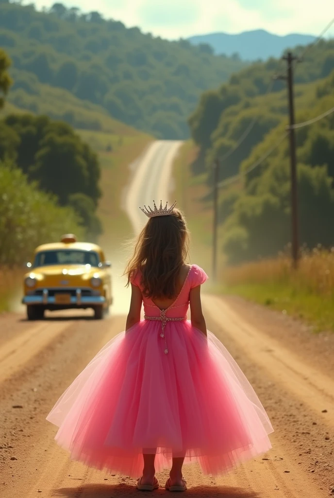 Girl , pink dress, tiara on head, corre, Serra Gaucha, yellow modern taxi, rural road, dust.  it&#39;s a taxi from behind seen from behind, low camera. 