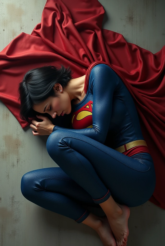 A woman with short hair dressed as Superman. with a cape. physically strong, lying on her side on the floor in the fetal position, sobbing. perspective from above.