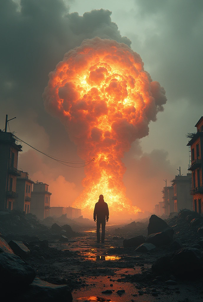 Create a dystopian landscape showing a bomb exploding 