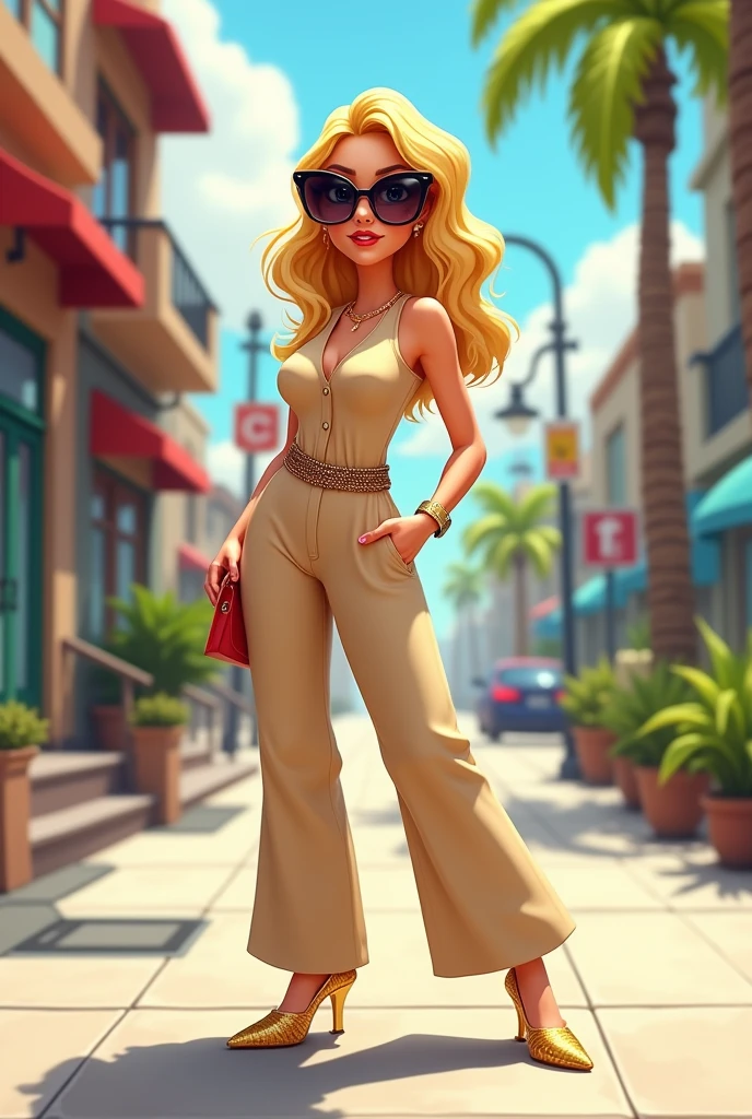 Blonde woman cartoon, 1,50m high, 70 kilos in weight, with beige wide jumpsuit, with sunglasses, with the right hand on the waist and the left hand loose, sidewalk with golden shoes, with legs together.