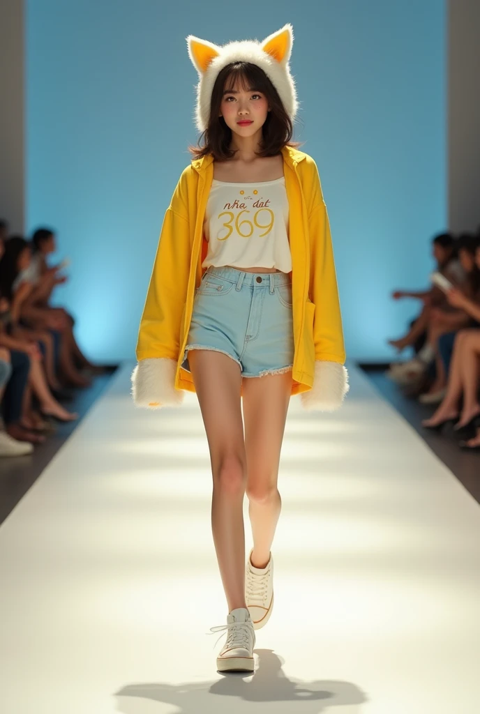 Full body photo of girl with cat face, she wears yellow white and blue dress, She is walking the catwalk in a youthful style outfit., charming, on the costume there is the words Nha Dat 369
