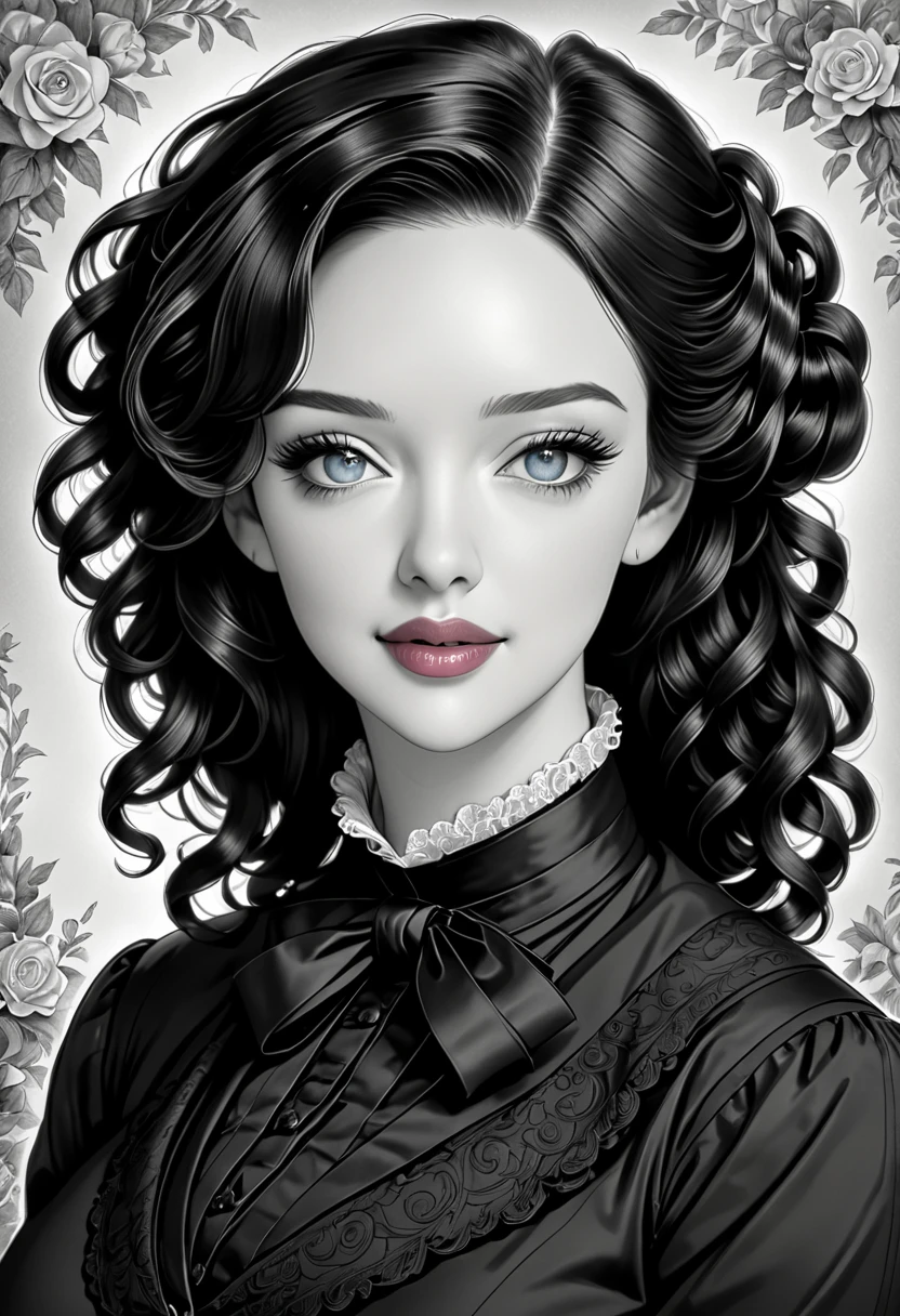 A pencil drawing of a young victorian governess, curly black hair. Kind and inteligent energy. Kat Dennings
