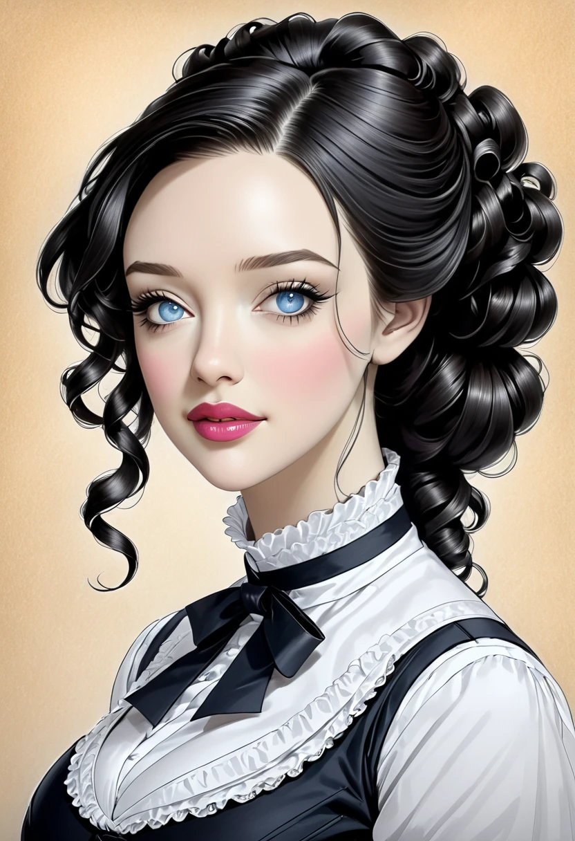 A pencil drawing of a young victorian governess, curly black hair. Kind and inteligent energy. Kat Dennings
