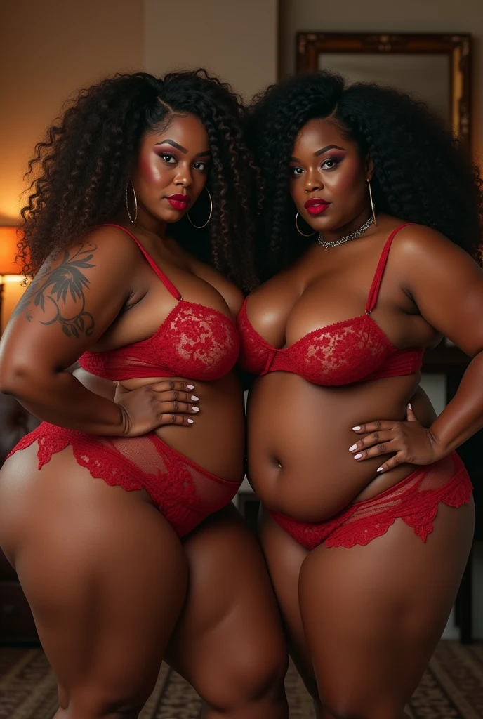 "(beautiful African woman)(very beautiful)(big breasts) in red lingerie, (with transparent dress), sensually savoring a lollipop"