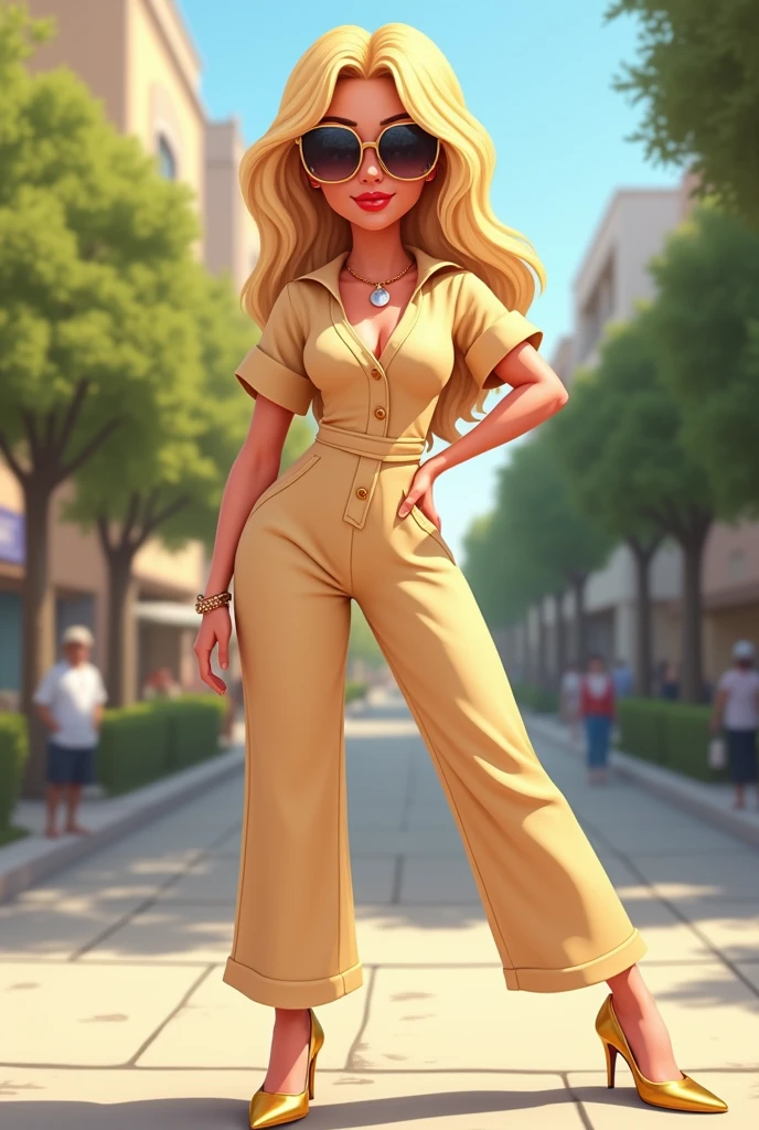 Blonde woman cartoon, 1,50m high, 70 kilos in weight, with beige wide jumpsuit, with sunglasses, with the right hand on the waist and the left hand loose, sidewalk with golden shoes, with legs together.
