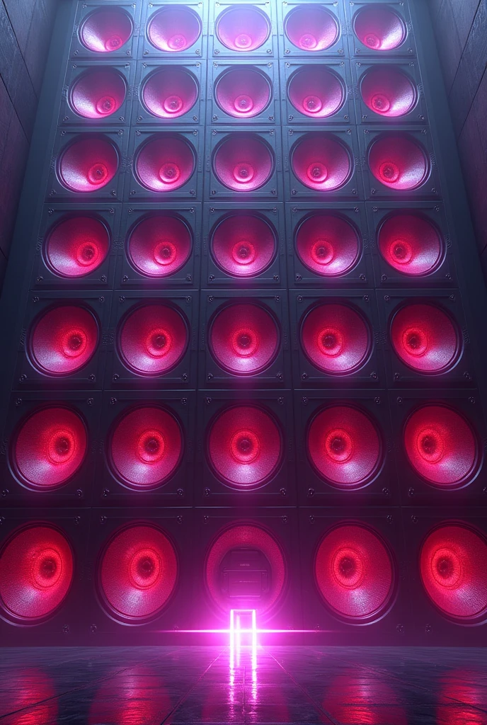 Create a giant wall of purple and red speakers,and with the image facing forward