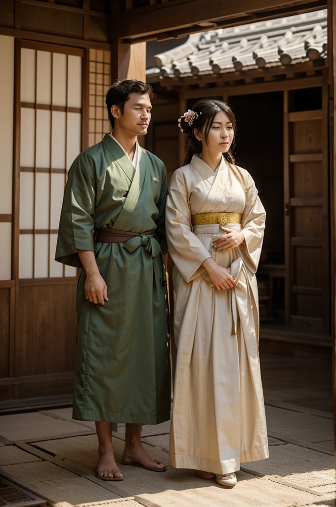 A woman in Nara period dress married to a man in Heian period dress with each period's hairstyle