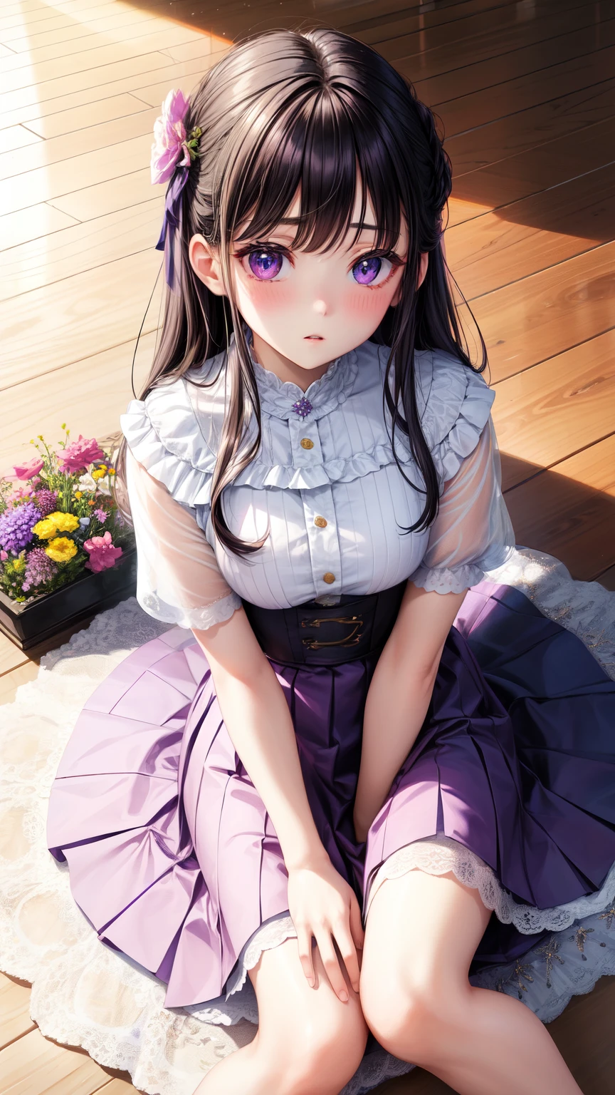 realisitic, 1 girl, purples eyes, glare eyes, top cut, overskirt, parted lips, blush, natta, flowers, floor, floorlight,