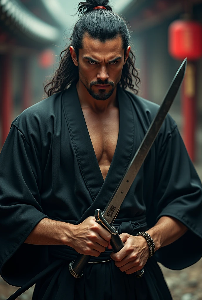 Ninja、Long Hair、Japanese、knife、samurai、Black kimono、sexy、knifeを両手で持つ、Beautiful man、Deeply carved features、Muscular、Hair ruffles、strong、
