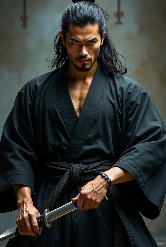 Ninja、Long Hair、Japanese、knife、samurai、Black kimono、sexy、knifeを両手で持つ、Beautiful man、Deeply carved features、Muscular、Hair ruffles、strong、
