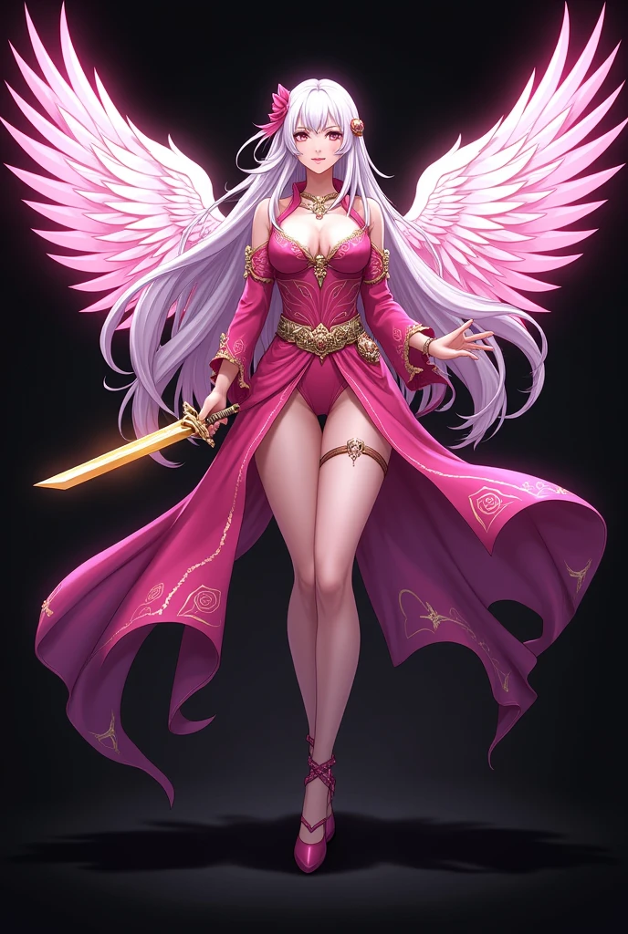 Guild logo card box with SHARP GIRLS name prominently displayed on the front, and a cartoon drawing of a beautiful warrior woman posing holding a golden knife with both hands and with long white wings and long white hair and pink clothes on a black background showing the whole image