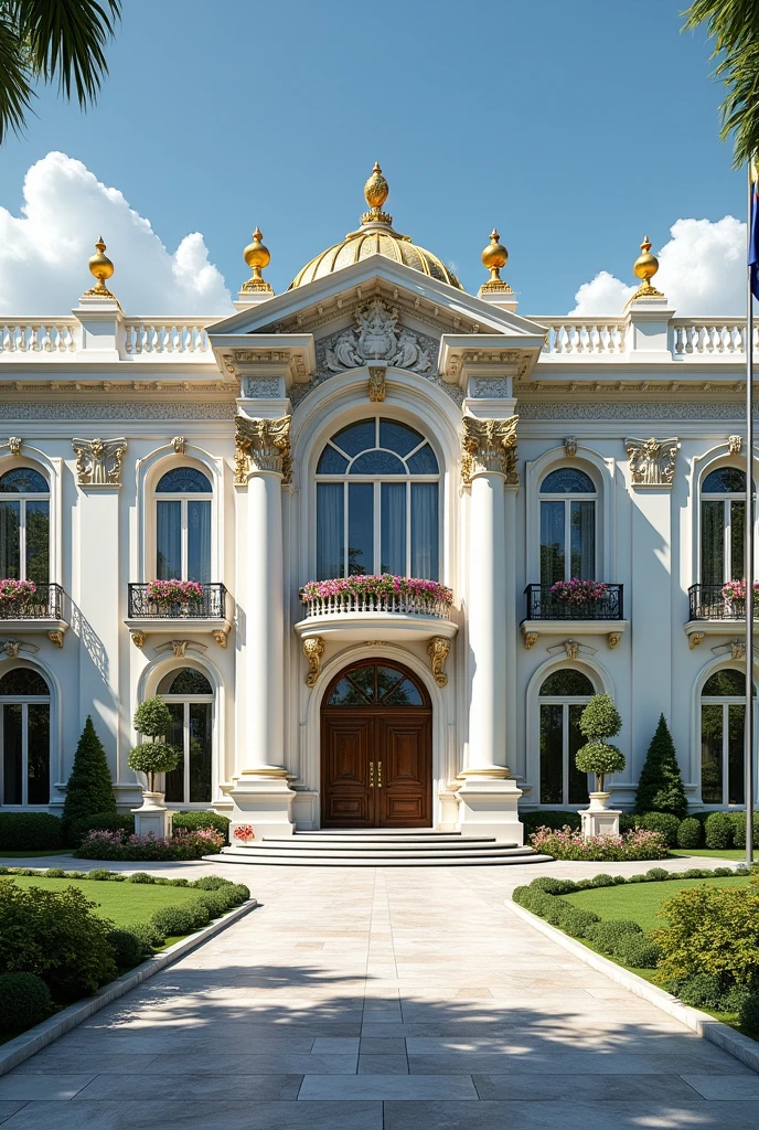 The façade of the building is made from polished white marble, gleaming under the sunlight, with intricate carvings and ornate detailing. The front of the palace features a grand central entrance, framed by towering Corinthian columns that rise several stories high. Above the entrance, an elaborate pediment showcases intricate relief sculptures depicting scenes of prosperity and leadership.
The roof is adorned with several domes and cupolas, topped with gilded spires that catch the light and add to the building's regal appearance. The windows are large and arched, with delicate stained glass inlays that depict various symbols of heritage and power. Wrought-iron balconies extend from many of the windows, each adorned with intricate scrollwork and hanging baskets overflowing with vibrant flowers.
Flag Description:
To the right of the grand entrance, positioned on a small rise near a circular driveway, stands a stately flagpole. The flag of Nexus Global Capital and Equity Holdings flies from the top, maintaining its elegant design: a deep navy blue background with a golden emblem at the center. The emblem—a globe encircled by olive branches, with the letters "NGCEH" inscribed at the bottom—stands out vividly against the backdrop of the palace. The flag is of normal size, fluttering gracefully in the breeze, perfectly proportioned to complement the scale of the building.
Compound Description:
The compound surrounding the palace is as grand as the building itself, carefully designed to enhance the overall sense of luxury and exclusivity. The entrance to the compound is marked by large wrought-iron gates, intricately designed with the Nexus Global Capital and Equity Holdings emblem in the center. The gates open to a long, sweeping driveway paved with cobblestones, leading directly to the main entrance of the palace.
The driveway is flanked by lush, manicured lawns that stretch out on either side, dotted with marble statues of historical figures and fountains that sp