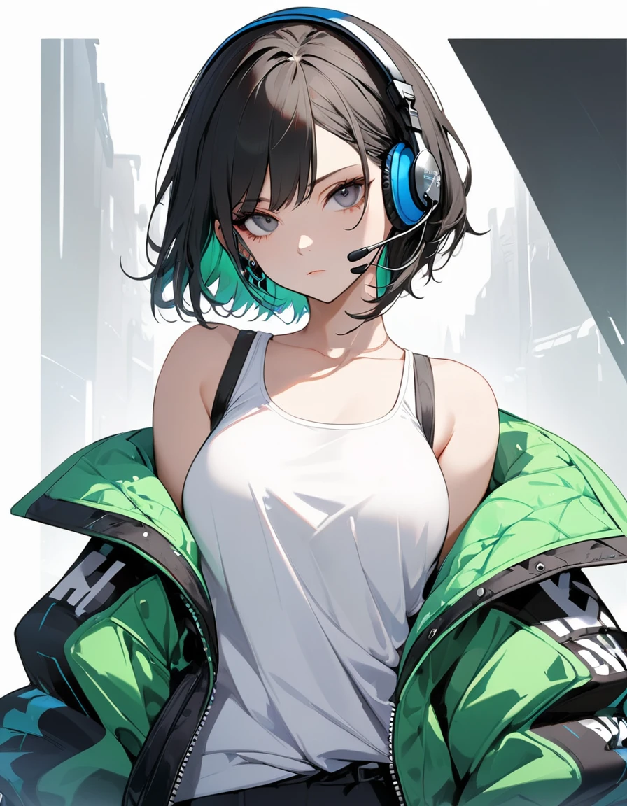 1girl, best quality, beautiful, short hair, 8K, expressionless, baddas pose, jacket, white tanktop inside, earrings, headset, perfect, concept, full color