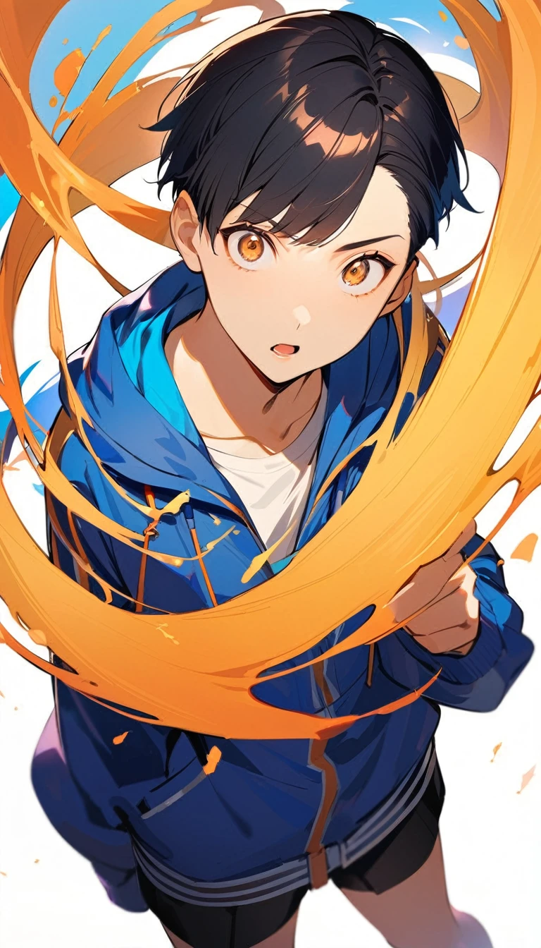 1man, solo, crew cut, black Hair, brown eyes,18years old, Wide-eyed amazement, wear blue jacket, looking at viewer, light lips, cowboy shot, opened mouth, white background