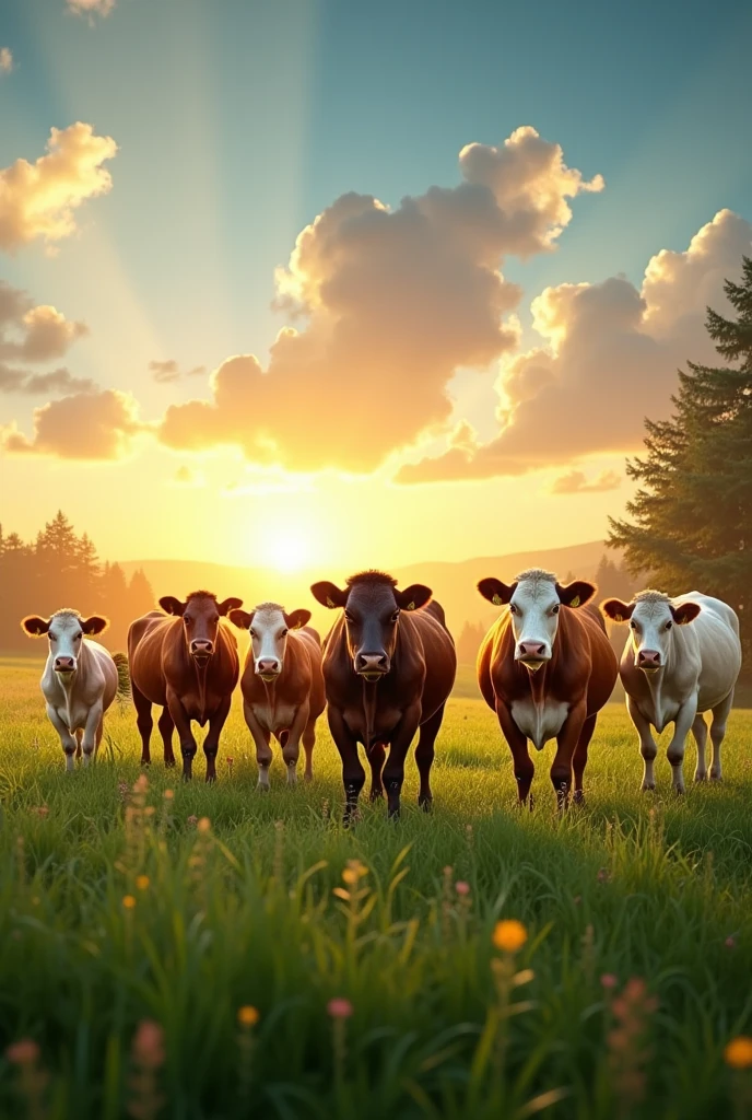 A herd of cows stands in a field of green grass, bathed in the warm glow of the setting sun. The cows are a mix of brown, white, and black, and they are all looking towards the camera. The sky is a vibrant blue, with fluffy white clouds drifting across it. The trees in the background are silhouetted against the sky, and they add a sense of depth and perspective to the image. The scene is peaceful and serene, and it evokes a sense of the beauty of nature.