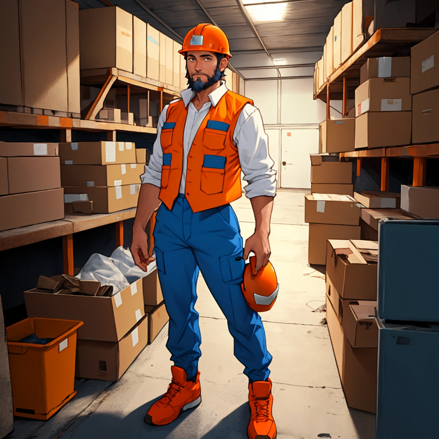  animated cartoon, full body standing worker, 40 years old with white shirt and blue pants, with orange vest and helmet, scruffy beard, looking at camera
