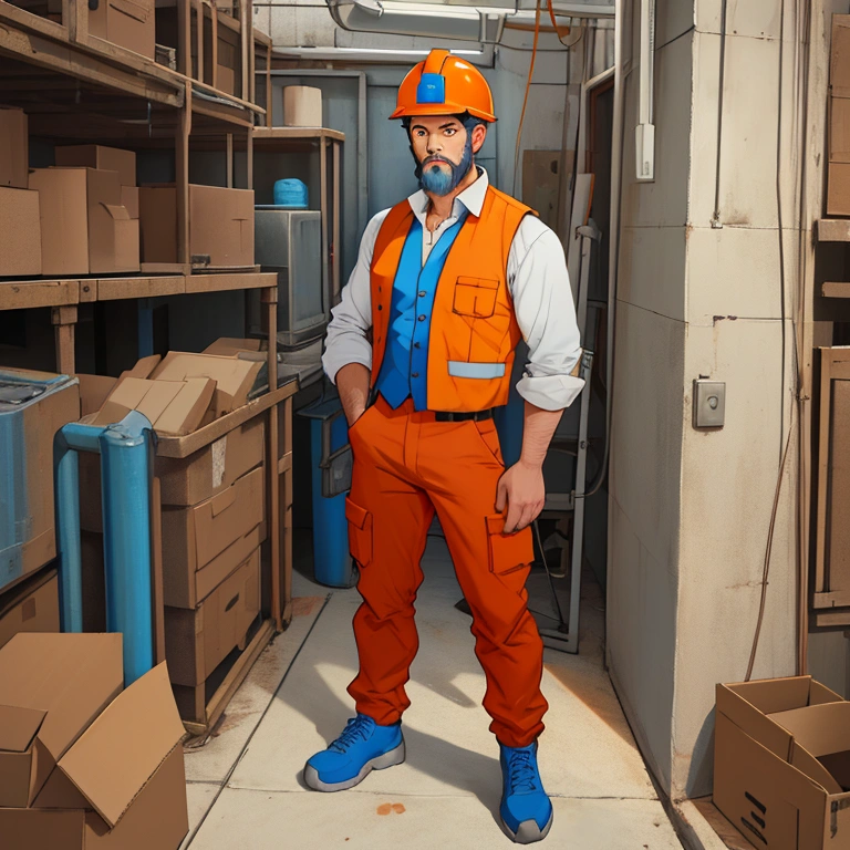  animated cartoon, full body standing worker, 40 years old with white shirt and blue pants, with orange vest and helmet, scruffy beard, looking at camera
