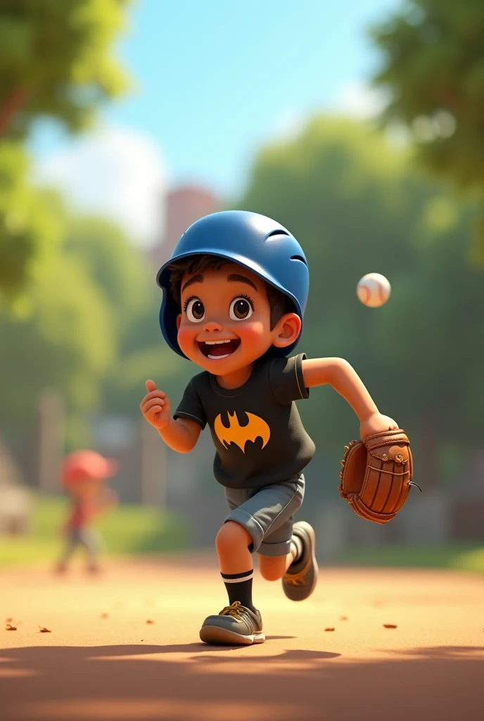 Pixar style image of a boy playing with a baseball glove. light brown boy, the boy throws a ball up, the boy is running, the boy is smiling, The boy has a black shirt with the Batman logo on it., the boy has a blue helmet.