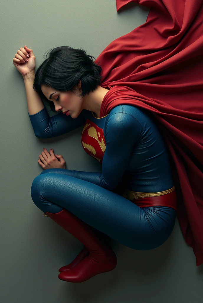 A woman with short hair dressed as Superman. with a cape. physically strong, lying on her side on the floor in the fetal position, sobbing. perspective from above.