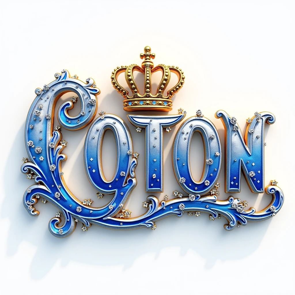 A captivating and luxurious 3D rendering of an extravagant tribute to "JOYEUSES NOCES DE COTON AU COUPLE HOUMENOU." The name is presented in blue, blue, and white letters that exude opulence, adorned with a regal crown and a flowing, curved icon. Each letter is surrounded by a shower of sparkling diamonds that reflect the warm, golden light, adding a touch of luxury and elegance. The design serves as a striking wall statement, drawing admiration from all who behold it and fostering an atmosphere of celebration and reverence. The contrasting white background highlights the enchanting beauty of the design, making it a truly mesmerizing creation. This is a perfect example of how typography can be transformed into a work of art, expressing both sophistication and grandeur