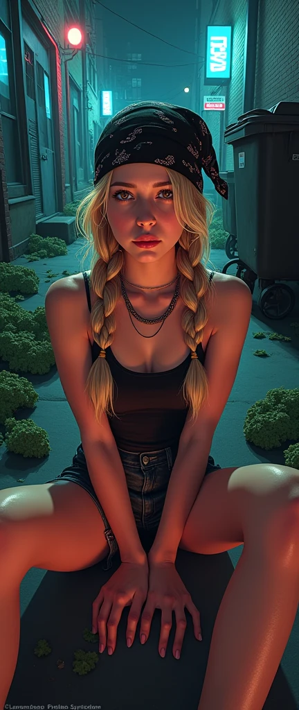 ((work of art)) (best qualityer), (ultra detaild), (bright coloured, foreshortening, Depth of field) from above view, looking straight at me, a young teenager, comely, blond, 2 braids, black bandana in hair, eyes browns, large and firm breasts, Kale, sitting on your knees, the bottom is a dark alley, garbage bin, ultra low light, natta
