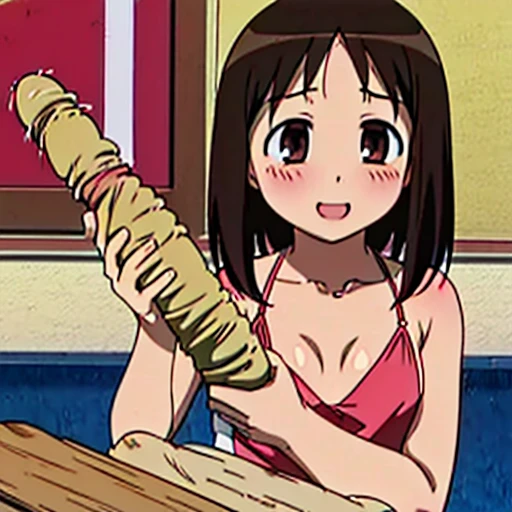  ayumu kasuga, Brown Hair, Brown eyes, smile, Open your mouth, Very detailed，high quality，Ahegao，blush，Expose，Small breasts，Gold Micro Bikini，((Lesbian Sex，long dildo，))Lower Body，Spread your legs wide，(((Browsing Caution，sexy，)))