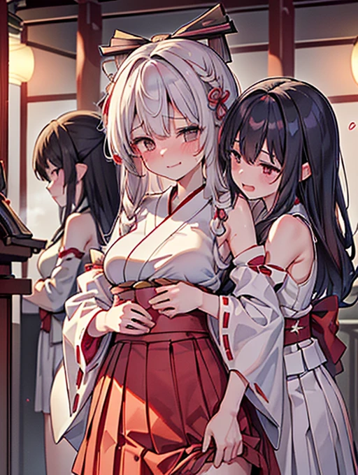 (detailed fingers,detailed hands,detailed eyes,detailed legs:1.2),(night, dark room,japanese style room:1.2),cowboy shot,standing,(3girls,Three people side by side:2),(yuri,nestle:1.5),(nsfw),(The two on the sides sexually assault the woman in the center,The two on the sides have their hands on the crotch of the woman in the middle,The two on the sides are groping the breasts of the woman in the middle,Over the clothes:1.8),(The two on the sides sexually assault the woman in the center,The two at the end smiled happily.,The woman in the center is being attacked and sighs with sexual excitement.,The woman in the center being attacked has her arms down:1.7),(female orgasm:1.2),(pussy juice),(embarrassed,blush:1.2),(steam:1.2),(sweat skin:1.2),(saliva:1.1),(looking down at viewer:1.2),large breasts,crying face,(watery eye),(miko,shrine maiden, japanese clothes, detached sleeves,hakama long skirt:1.5),white panties,(You can't see the panties with the skirt:1.5),(wet clothes:0.2),same age,All three are dressed exactly the same