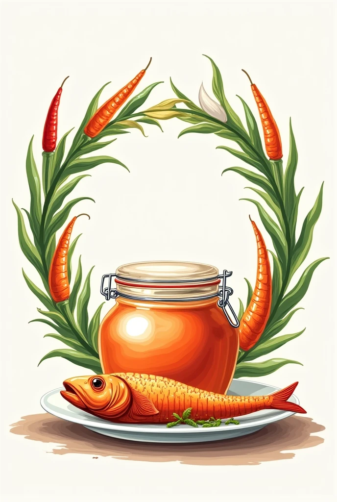 A circular frame on a jar with illustrations of chili,onion,carrot,with bright colors and space in the center and a fried fish on a plate to one side.