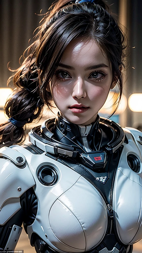 masterpiece, Highest quality, Ultra-realistic, Ultra-detailed, 8k resolution, RAW Photos, Sharp focus, (One person), alone, Gorgeous face, Perfect body, Mature Woman, Age 25,  Portraiture, Mecha, White Armor, Nanosuit, sexy, ponytail, Cinematic, Cinematic light, Large Breasts