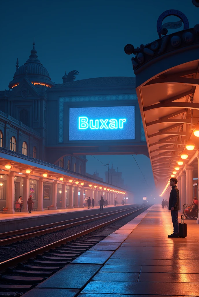 "Create a 3D model of a stunning railway station named 'Buxar,' with the station's name displayed prominently on a large LED screen. The scene is set at night, with the station fully illuminated by warm, inviting lights. The architecture should blend modern design elements, with glowing pathways, well-lit platforms, and detailed structures. The LED screen should be bright, clearly showing 'Buxar' in bold letters. The surrounding area includes train tracks, and the ambiance should evoke a calm yet lively atmosphere, enhanced by the soft glow of the station's lights." A boy is waiting for train and standing on platform with bag and baggage.
