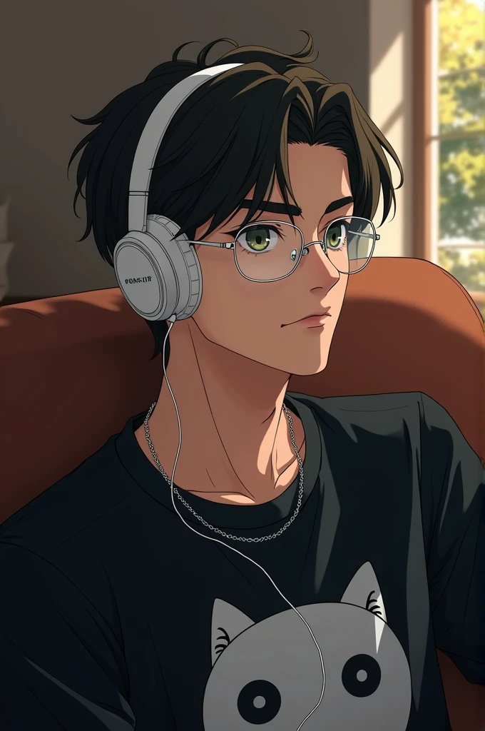 A handsome white guy have small eyes also wear a white glasses , have silver earspearcing, and silver necklace, wear a black one piece anime t-shirt, sitting on the brown sofa, listening one piece anime opening with white headphone