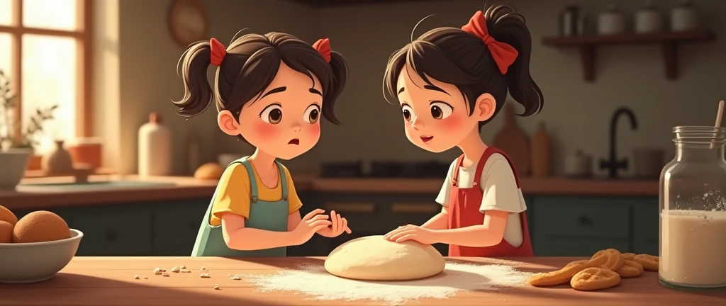 The same girl bake bread with her mother and she pulled a little of bit of salt in and her mom had a worry face 2d animation