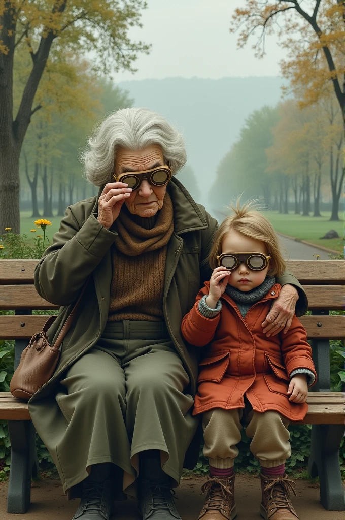 Generate an image showing old lady and  seat on banch and they both are clearing they goggles lens and from old ladys goggles she see the world with greenary and from little childld with no tree