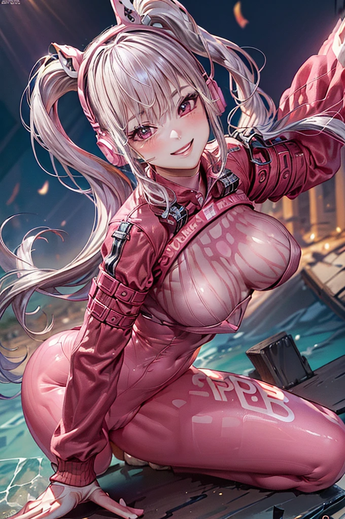 alice \(NOD\), (pink bodysuit:1.3), animal ear headphones , twintails, Slender , (masterpiece, Highest quality:1.3), (Super detailed:1.4),(Super detailed顔:1.2),(Super detailed目:1.2), (hyperRealistic:1.3), (RAW Photos:1.2), High-definition RAW color photos, Professional photos, (PhotoRealistic:1.4), (Realistic:1.4),8k,Professional Lighting, Perfect Anatomy, BREAK, (Big Breasts:1.4), (blush:1.2), (Bright smile:1.3), detail, Sharp focus, dramatic, dutch angle, (Sexy gravure pose:1.2), ruins, 1 person , Very clear fingers