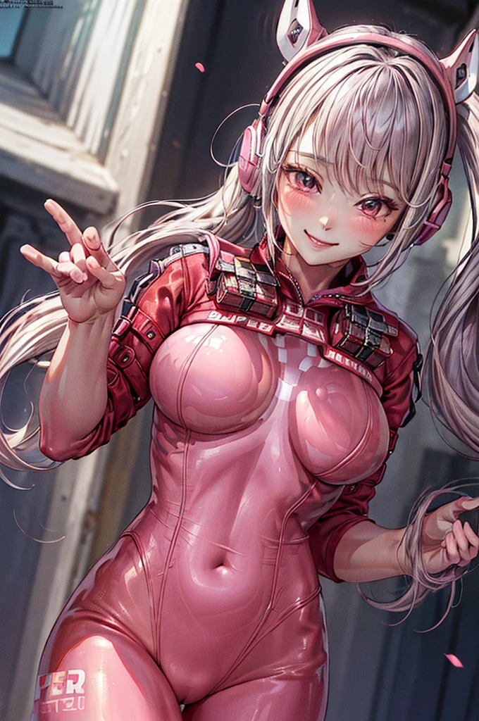 alice \(NOD\), (pink bodysuit:1.3), animal ear headphones , twintails, Slender , (masterpiece, Highest quality:1.3), (Super detailed:1.4),(Super detailed顔:1.2),(Super detailed目:1.2), (hyperRealistic:1.3), (RAW Photos:1.2), High-definition RAW color photos, Professional photos, (PhotoRealistic:1.4), (Realistic:1.4),8k,Professional Lighting, Perfect Anatomy, BREAK, (Big Breasts:1.4), (blush:1.2), (Bright smile:1.3), detail, Sharp focus, dramatic, dutch angle, (Sexy gravure pose:1.2), ruins, 1 person , Very clear fingers