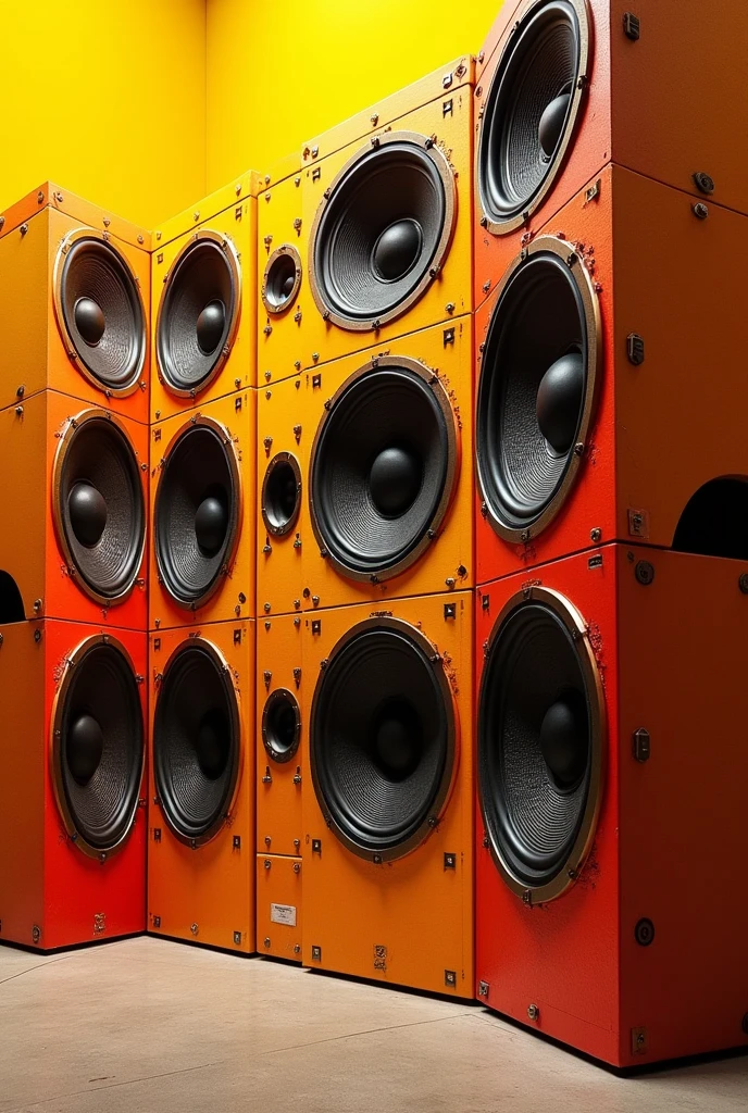 Create a giant wall of yellow and red speakers,and with the image facing forward
