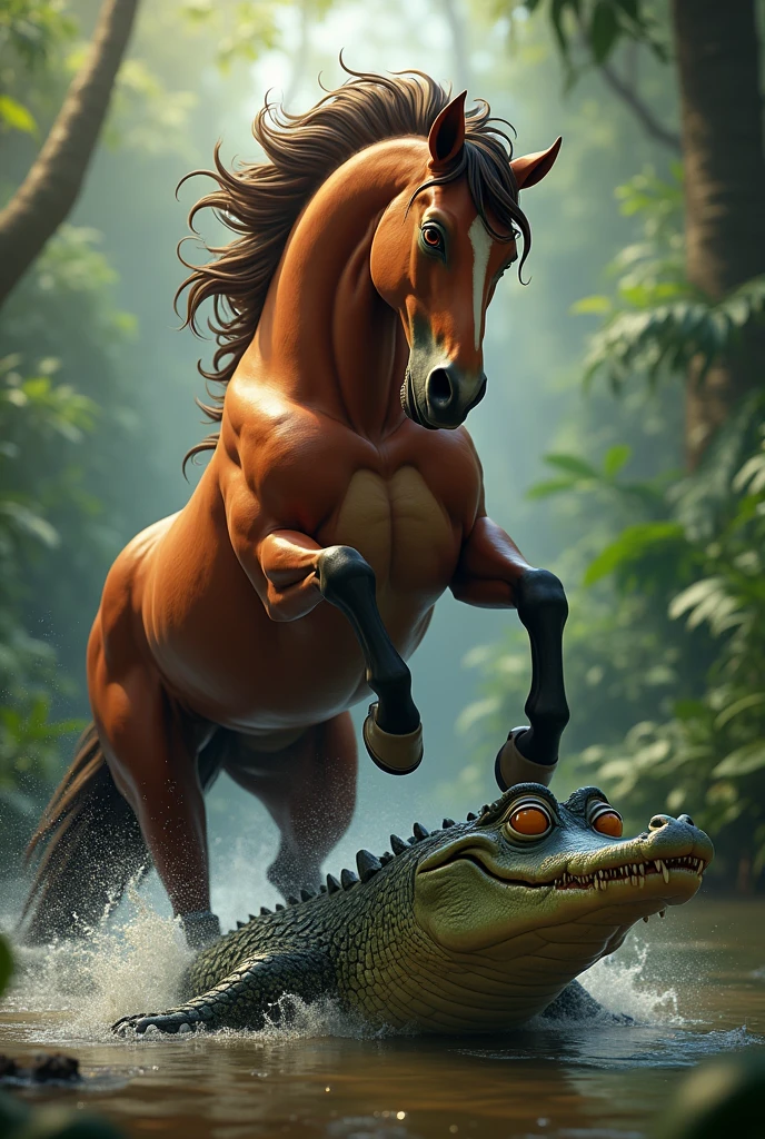 WILD HORSE STEPPING ON DISORIENTED ALLIGATOR CARICATURE