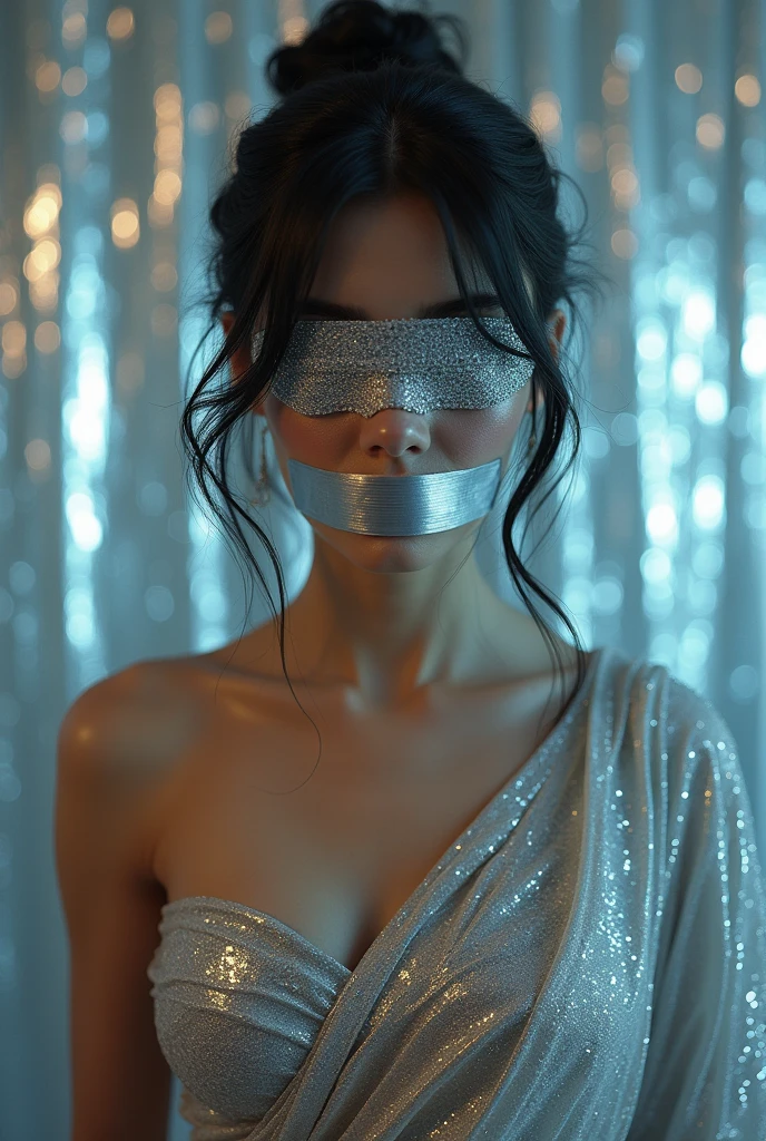 Aesthetic girl blindfolded duct tape gagged in silver sparkling shimmering saree taking selfie tape gagged