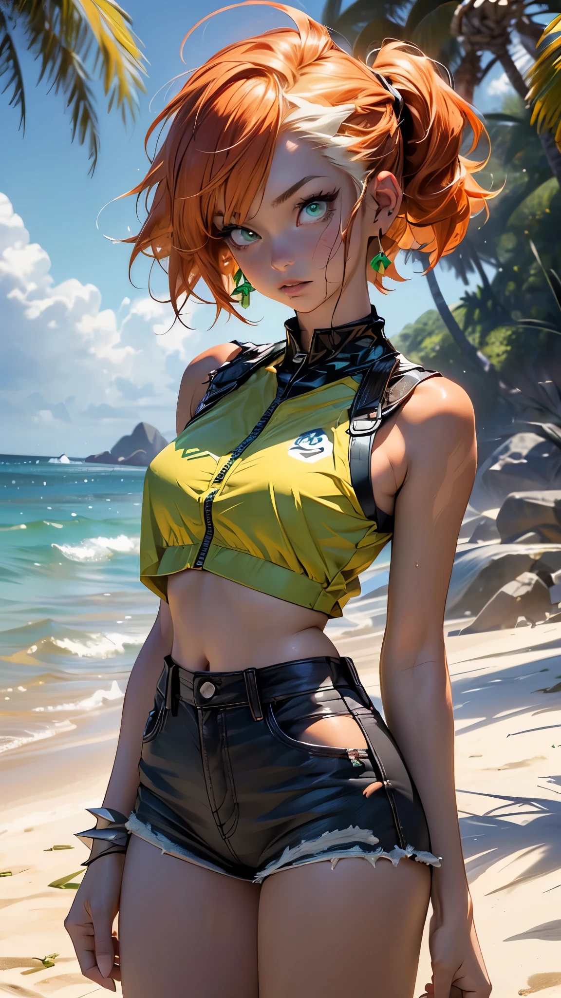 (((Misty))),misty_(pokemon),misty (pokemon),misty \(pokemon\),,character_pokemon_misty,1girl,

(large breasts:1.4),(((short hair, side ponytail,orange hair,orange_hair,  spiked hair,))),(((green_eyes:1.3))),intricate eyes,beautiful detailed eyes,symmetrical eyes,big eyes:1.5,((((lustrous skin:1.5,tanned skin,bright skin: 1.5,skin tanned,shiny skin,very shiny skin,shiny body,Reflective skin)))),(spider lower abdomen,narrow waist,slim waist, wide hip,athletic body,inflated legs,thick thighs,delicate detailed fingers,(detailed face)),beautiful detailed lips, 

cute,slutty,sensual,seductive look,seductive,((erotic)),opulent,sumptuous,((nsfw)),wet, , 

(yellow shirt, shirt,crop top,yellow crop top,yellow_sleeveless_cropped_shirt), (tiny denim shorts,shorts,short shorts,denim, denim shorts,cheeky shorts),  (((unzipped, open fly))),
(navel, midriff,belly), (suspenders,red suspenders),  (wardrobe malfunction),

(shy pose:1.3),looking at viewer,embarrassed,shy,centered,scale to fit dimensions,Rule of thirds,

outdoors, ocean, (ocean in the background),((Sky, Sea, clouds,)), with dark stormy clouds,((beach scenery,intricate scenery)), scenery, extremely scenery, clouds, palm trees, reeds, (sunset, golden hour),

(Glossy pokemon ornaments),highres,sharp focus,(ultra detailed,extremely detailed),(photorealistic artwork:1.37),(extremely detailed CG unity 8k wallpaper),(((vibrant colors,vibrant theme))),(intricate),(masterpiece),(best quality),artistic photography,(photography taken by sldr),(intricate background),perfect rendered face,perfect face details,realistic face,photo realistic,((intricate detail)),(((realism))),
