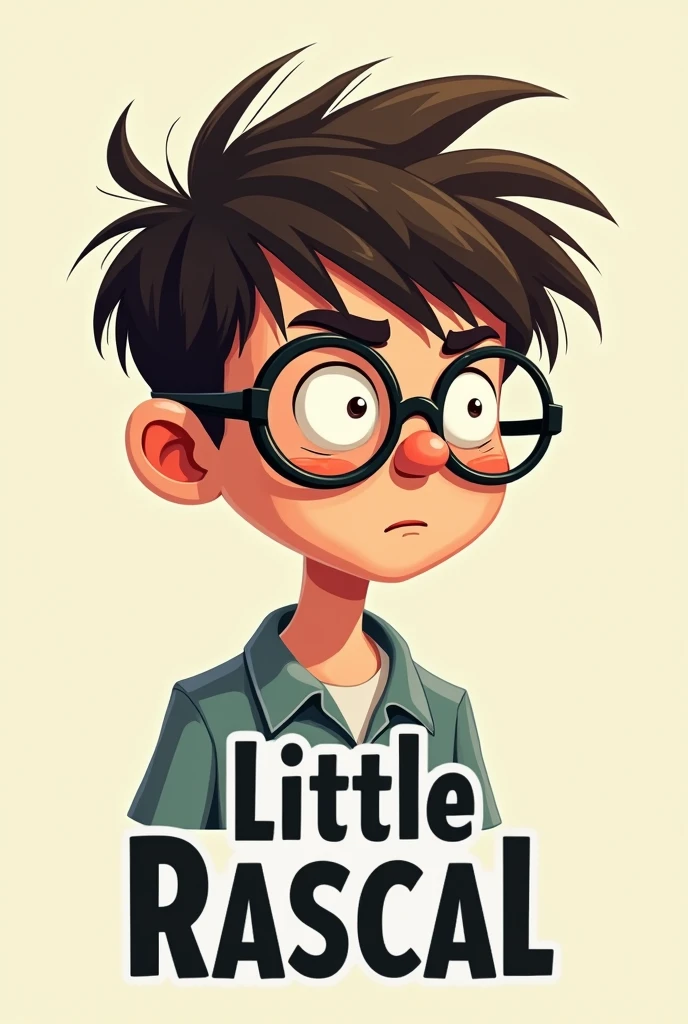 a nerd with glasses, social hair, with little neck and a school shirt, it's the name "little rascal" printed below the image