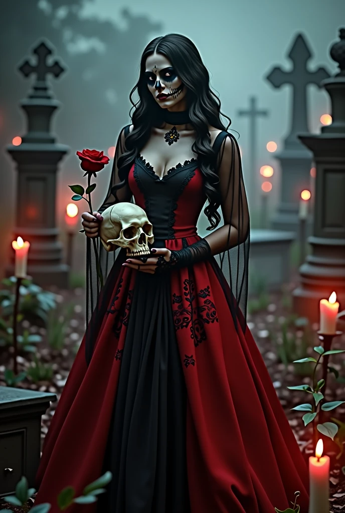 an elegant woman with long, dark hair wearing a vibrant dark red and black dress adorned with lace and intricate details. embroidery His skin is a light and striking tone, his face is like a skull, mixing beauty and macabre. In one hand, she delicately holds a skull and, in the other, a red rose, symbolizing her dual nature. She is in a dimly lit cemetery, surrounded by dimly glowing candles and fog, with shadows from old tombstones and crosses in the background. The atmosphere is eerie and slightly eerie, with a soft, reddish light highlighting its presence.