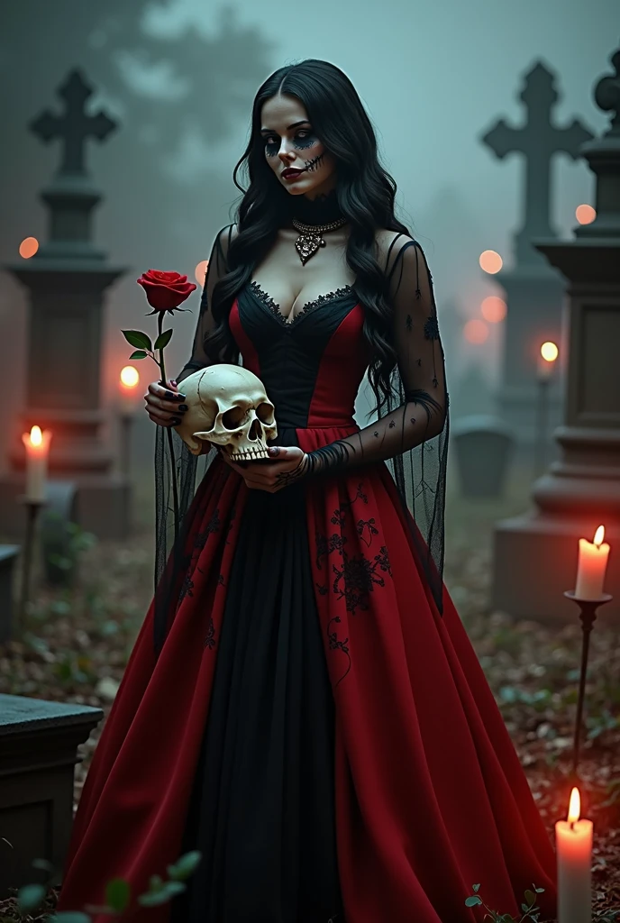 an elegant woman with long, dark hair wearing a vibrant dark red and black dress adorned with lace and intricate details. embroidery His skin is a light and striking tone, his face is like a skull, mixing beauty and macabre. In one hand, she delicately holds a skull and, in the other, a red rose, symbolizing her dual nature. She is in a dimly lit cemetery, surrounded by dimly glowing candles and fog, with shadows from old tombstones and crosses in the background. The atmosphere is eerie and slightly eerie, with a soft, reddish light highlighting its presence.