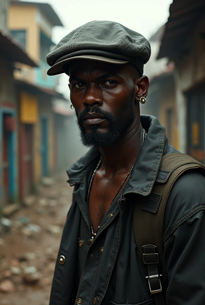 Create a realistic image of a black gangster, drug user, with flat brim cap, Brazil, shanty town 