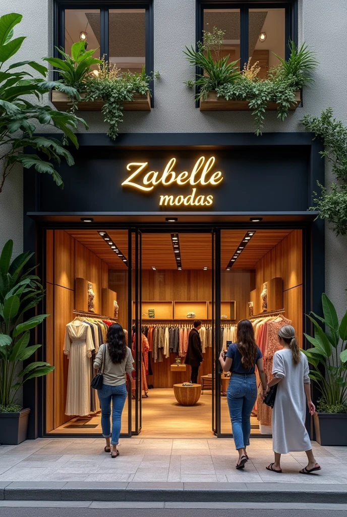 Ultra-realistic, 8k, a modern and cozy women's clothing store located in Brazil, with the focus on the storefront's elegant sign that reads "Zabelle M O D A S" in a stylish, well-lit font. The sign is prominently displayed above a deep, inviting entrance that draws attention to the store's interior. The facade features natural wood accents, lush tropical plants, and large glass windows that offer a glimpse of the stylish and vibrant clothing displays inside. Women walk by on the lively sidewalk, with some stopping to admire the sign and window displays, while others enter the store. The overall atmosphere is natural and inviting, with a blend of contemporary design and authentic Brazilian warmth that creates a sense of depth and realism.