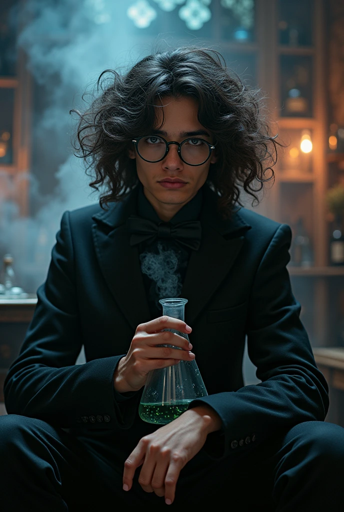 A potrait of a bisexual male genius alchemist poet of indian-europian ethnicity with no facial hair with glasses and lush long fuzzy puffy hair that reaches his shoulders like newton holding a chemical flask wearing a flamboyant androgynous black extravagant Maleficent suited dress with a long trail in a laboratory with brown hazel eyes and a mysterious curious look in a dark magical gothic dim evil atmosphere having chemistry magic glow engulfing him
